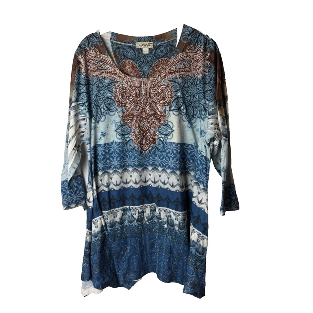 One World Tunic Top Size XX 2XL 3/4 Sleeves Bling Front Blue Brown Beige White